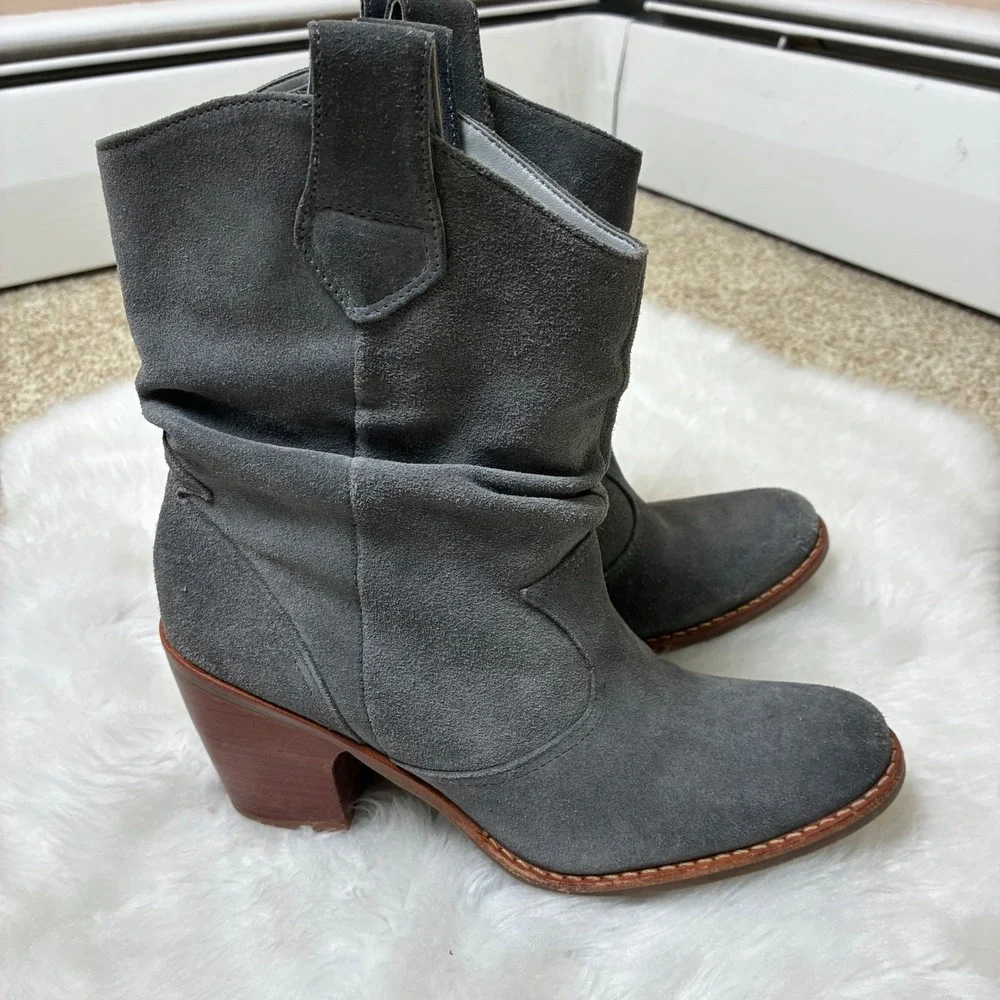 J. Jill Waylon Slouch Suede Ankle Boots Grey Leather Block Heel 7M 2017233